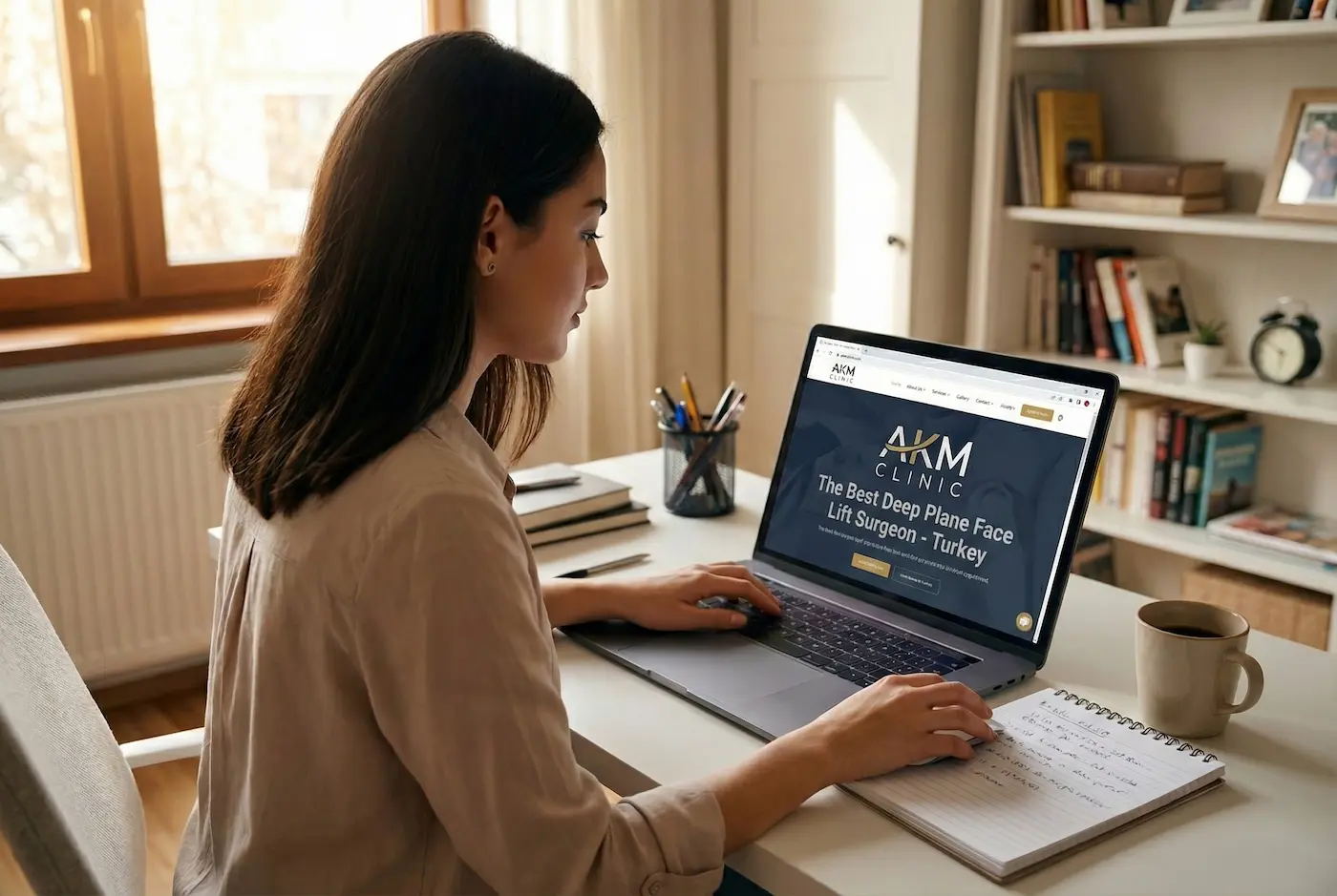 Patient researching the best deep plane facelift surgeon in Turkey on the AKM Clinic website using a laptop.