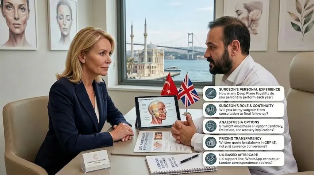 Best deep plane facelift surgeon in Turkey consultation image showing a British patient speaking with a surgeon in Istanbul about credentials, anaesthesia, pricing and aftercare.