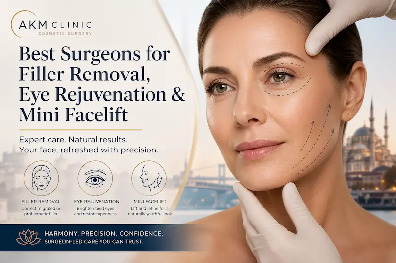 Best surgeons for filler removal cover image showing eye rejuvenation and mini facelift planning for a subtle facial result.