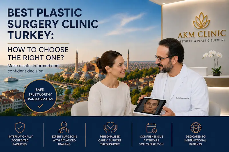 Cover image for best plastic surgery clinic Turkey, showing Dr Akif Mehmetoğlu consulting a patient at AKM Clinic with the Istanbul skyline in the background.