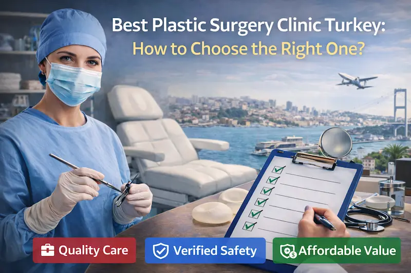 Surgeon and safety checklist with Istanbul skyline for choosing the best plastic surgery clinic Turkey