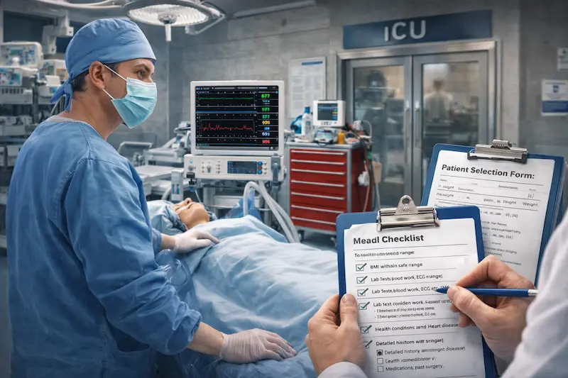 Best plastic surgery clinic turkey safety system showing anesthesiologist monitoring vitals, emergency crash cart, and patient selection checklist