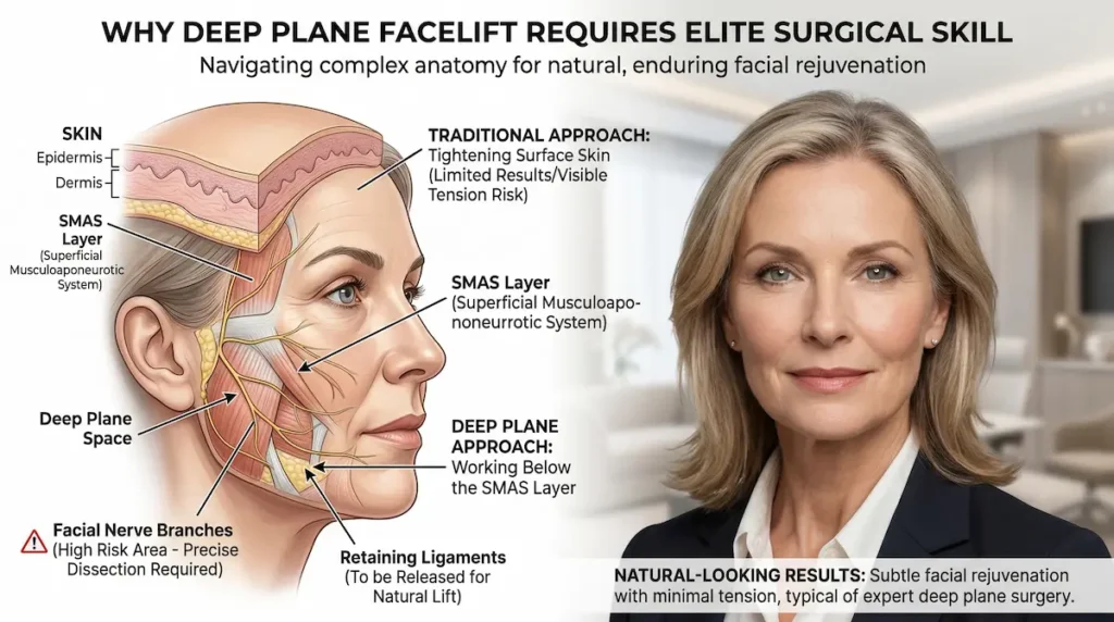 Best deep plane facelift surgeon in Turkey infographic showing SMAS anatomy, deep plane dissection and natural-looking facelift outcomes.