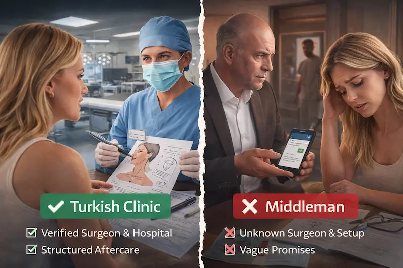 Side by side comparison of a surgeon-led Turkish clinic consultation versus a middleman offering vague promises on a phone.