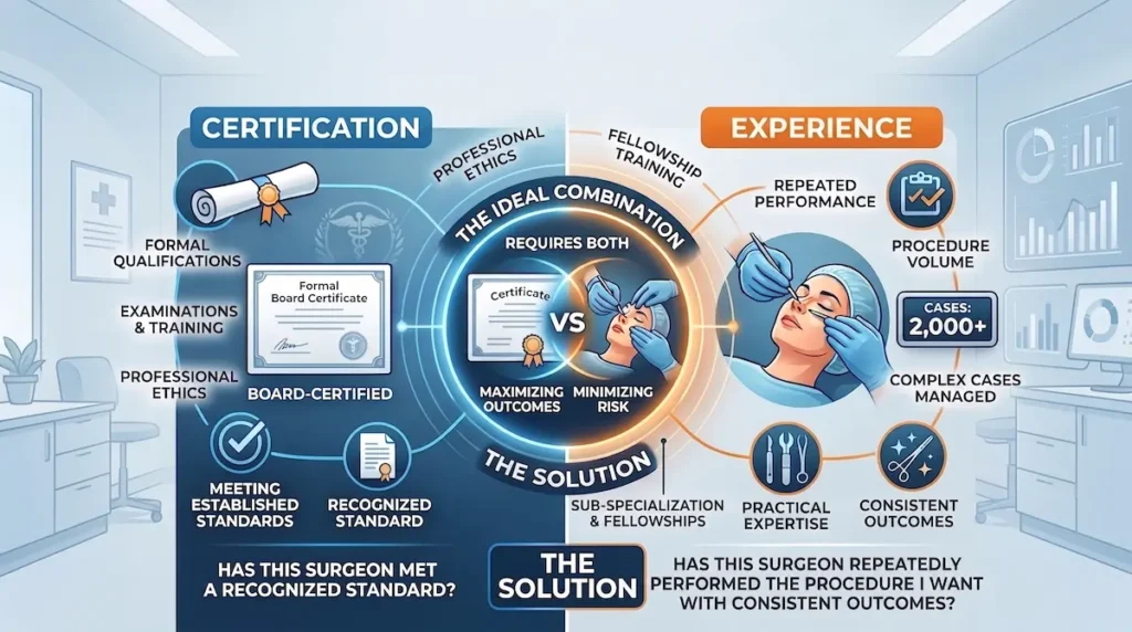 Infographic comparing certification and experience for plastic surgeon board certification, showing why Canadian patients should verify both.