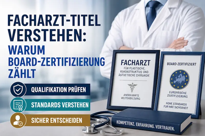 Facharzt Titel verstehen: Arzt im weißen Kittel neben Facharzt- und Board-Zertifizierungsnachweisen.