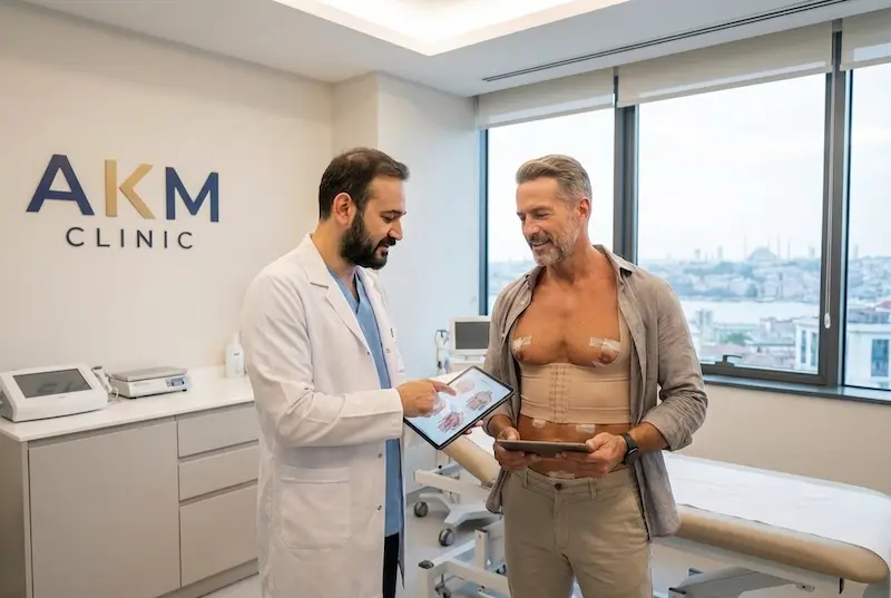 Doctor consulting a male patient at AKM Clinic about body contouring for men high-def vaser lipo aftercare