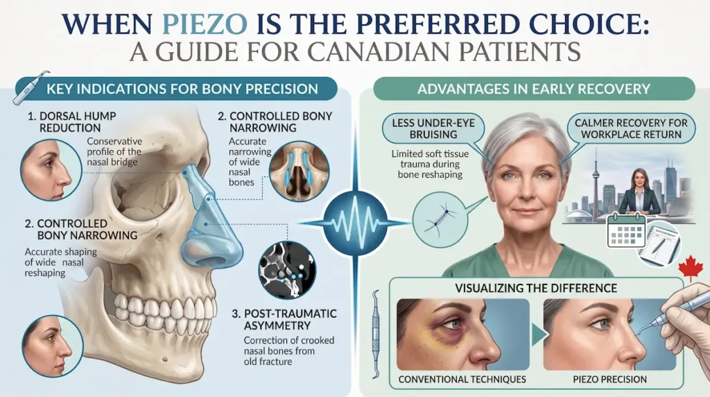 Piezo rhinoplasty Turkey infographic showing when ultrasonic bone work is preferred for dorsal hump reduction and nasal asymmetry.