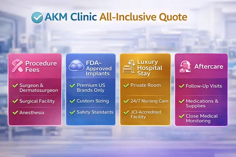 How much is a boob job in turkey in usd infographic showing what an AKM Clinic all inclusive quote includes and how to avoid surprise fees