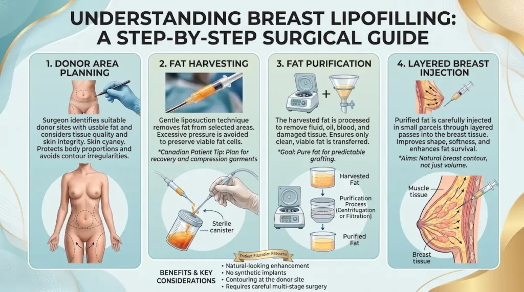 Lipofilling breast Turkey step by step infographic showing donor area planning, fat harvesting, purification, and breast injection.