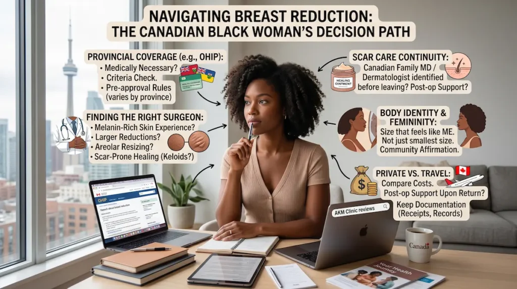 Breast reduction before and after black women decision guide showing Canadian coverage, scar care, and surgeon questions.