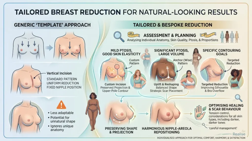 Breast reduction before and after black women infographic comparing a generic approach with tailored reduction planning, shape preservation, scar care, and nipple-areola repositioning.