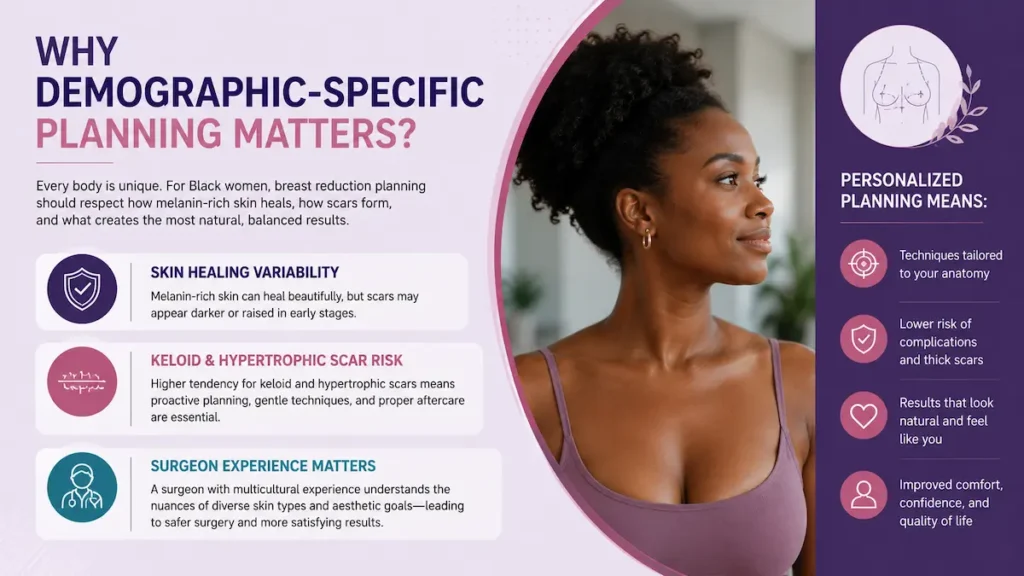 Breast reduction before and after black women infographic explaining demographic specific planning, skin healing, and keloid risk.