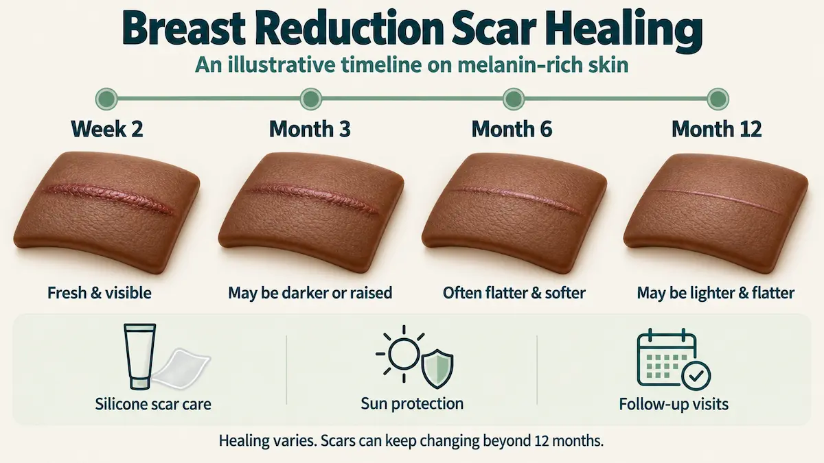 Scar maturation timeline on melanin-rich skin after breast reduction, comparing incision colour and thickness at week 2, month 3, month 6 and month 12.