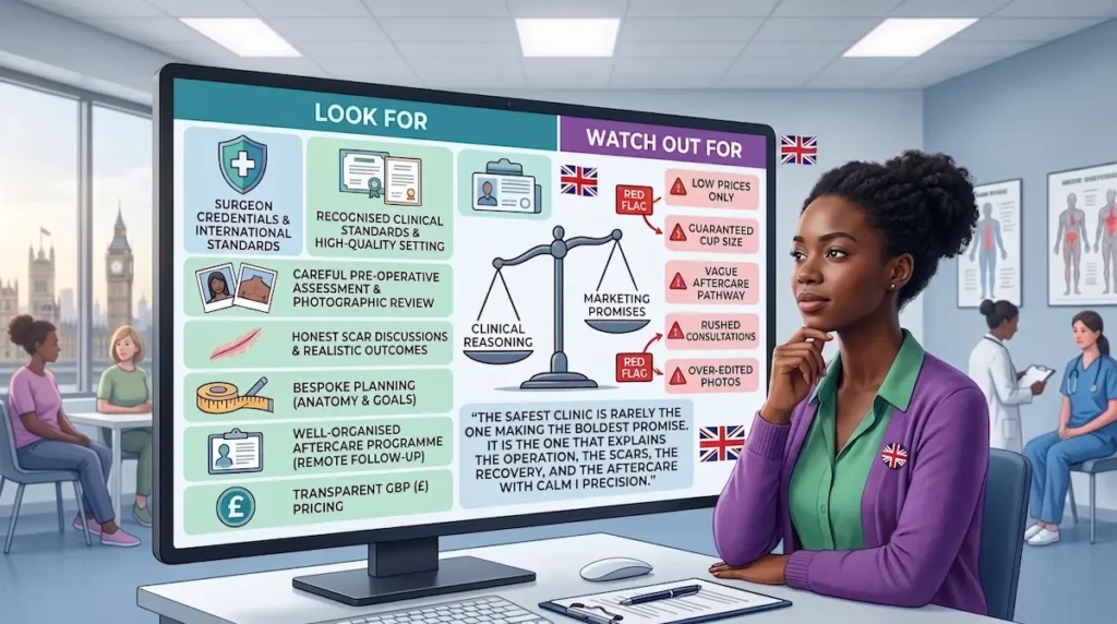 Breast reduction before and after black women infographic showing how UK patients can compare clinic standards, aftercare, scar discussions, and transparent GBP pricing.