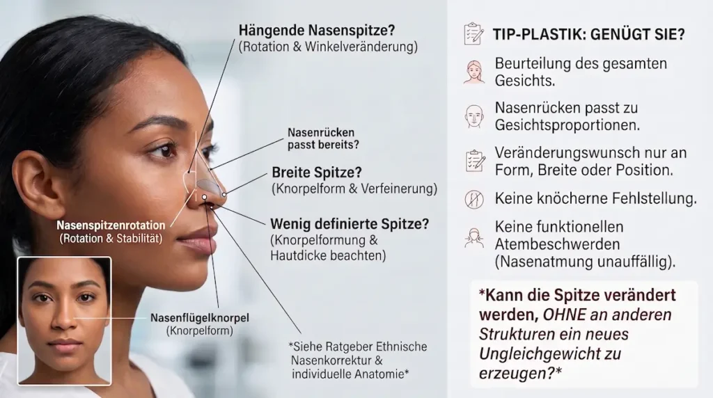 Nasenspitzenkorrektur Türkei: Eignungsprüfung bei hängender, breiter oder wenig definierter Nasenspitze für eine Tip-Plastik.