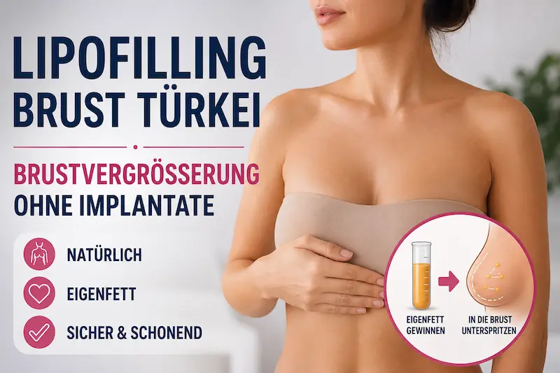 Lipofilling Brust Türkei: Frau mit Infografik zur Brustvergrößerung mit Eigenfett ohne Implantate.