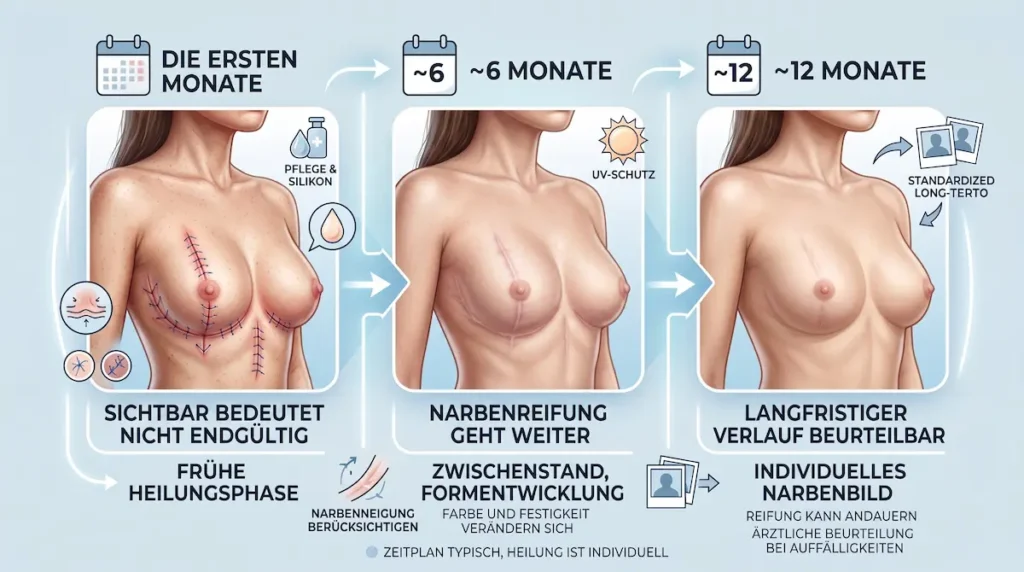 Brustverkleinerung Erfahrungen: Grafik zum Narbenverlauf in den ersten Monaten sowie nach 6 und 12 Monaten.