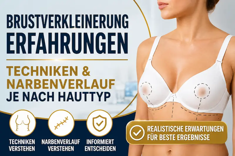 Brustverkleinerung Erfahrungen: Übersicht zu Techniken, Narbenverlauf und Hauttyp mit schematisch markierten Schnittlinien.