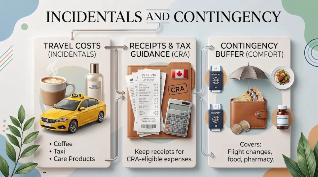 Incidentals and contingency infographic for total cost of a Turkey trip for hair transplant, showing CRA receipts and travel extras.