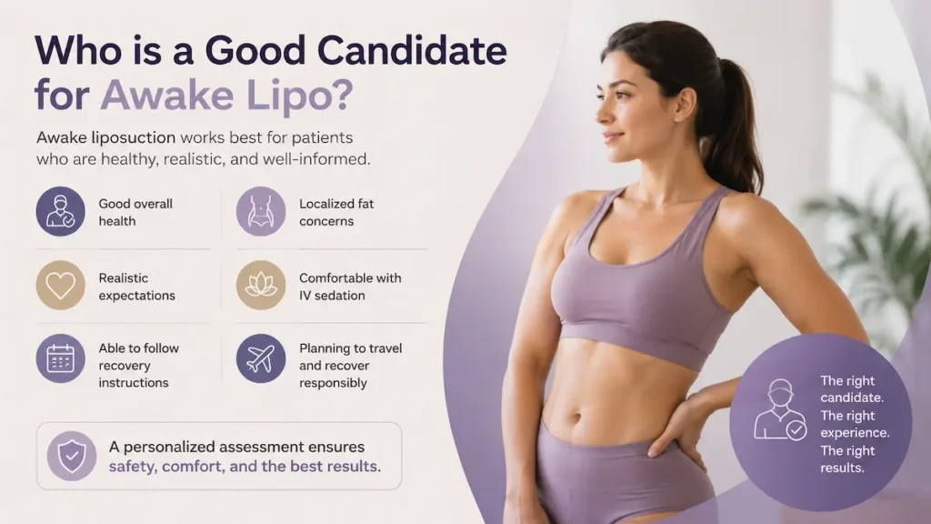Awake lipo Turkey candidacy infographic showing health, expectations, IV sedation comfort, and responsible recovery planning.