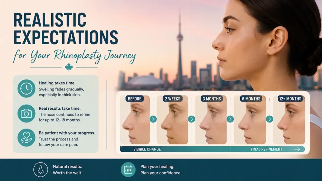 Thick skin rhinoplasty timeline showing gradual swelling reduction, nasal refinement, and realistic expectations for Canadian patients.