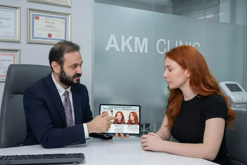 Surgeon consultation at AKM Clinic showing a doctor explaining a thick skin rhinoplasty recovery timeline on a tablet to a patient, focused on planning, swelling, and realistic definition.