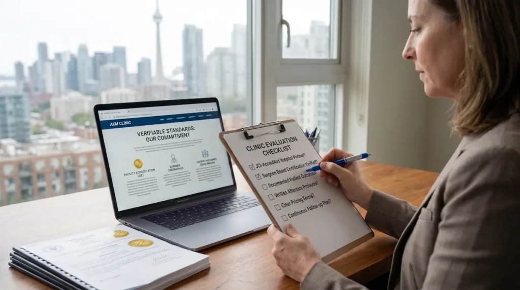 Canadian patient uses a clinic evaluation checklist to compare best plastic surgery clinic Turkey standards before booking.