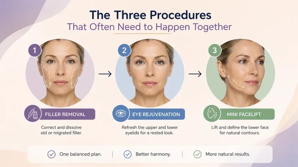 Three step infographic for filler removal eye rejuvenation mini facelift planning, showing balanced facial sequencing.