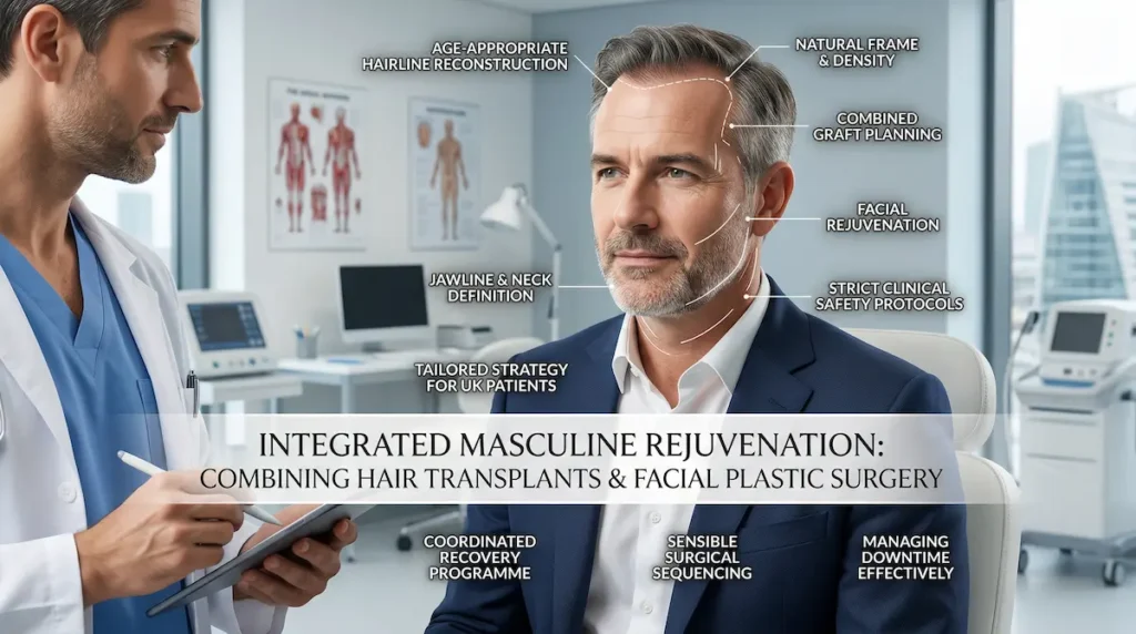 Clinical infographic for daddy makeover turkey showing a surgeon consultation on combining hair transplant planning with facial rejuvenation for natural masculine results.