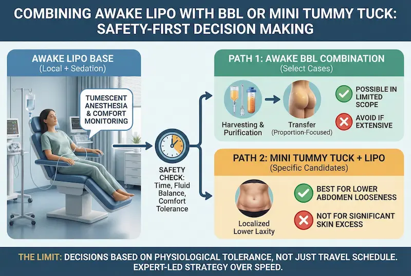 Infographic showing safety-first decision making for combining awake lipo (local anesthesia + sedation) with BBL or mini tummy tuck, including tumescent anesthesia, monitoring, time and fluid-balance checks, and candidacy limits.