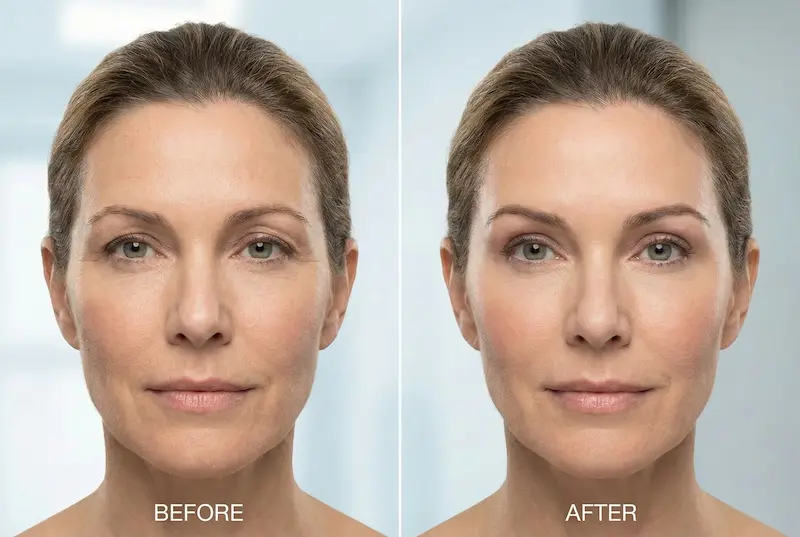 Combining with temporal lift for total refresh before-and-after comparison showing a more open, refreshed upper face and brow area with natural-looking balance.