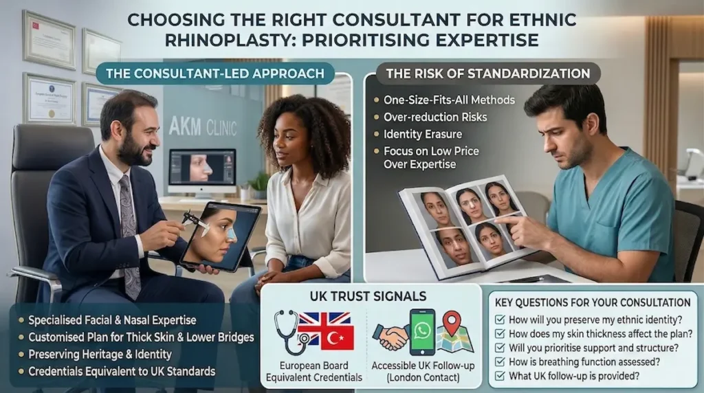 Ethnic rhinoplasty Turkey consultation infographic showing a consultant led approach, personalised planning, UK trust signals, and expert guidance for preserving ethnic features.