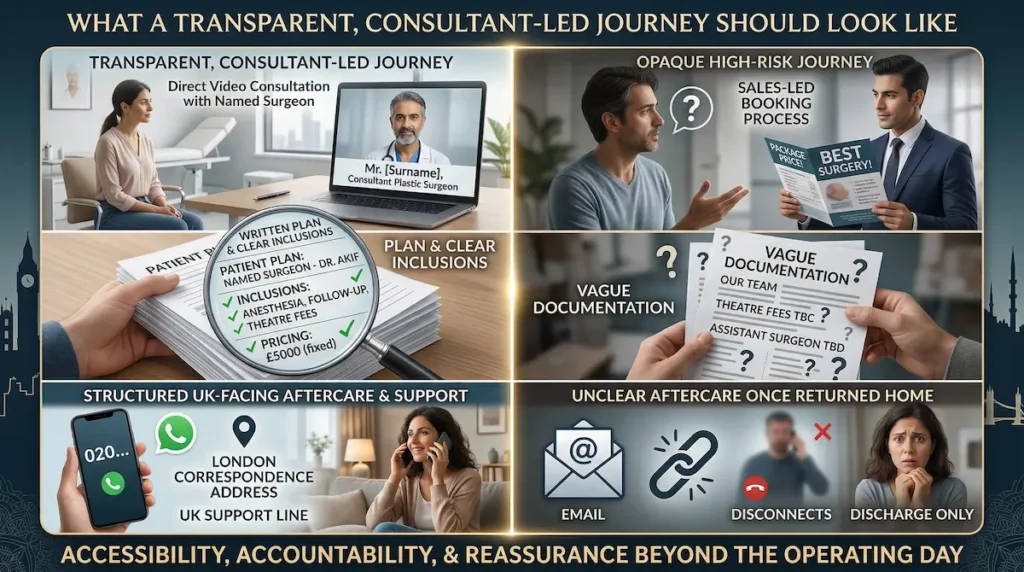 Infographic about ghost surgery in Turkey comparing a transparent consultant led journey with an opaque high risk clinic pathway for UK patients