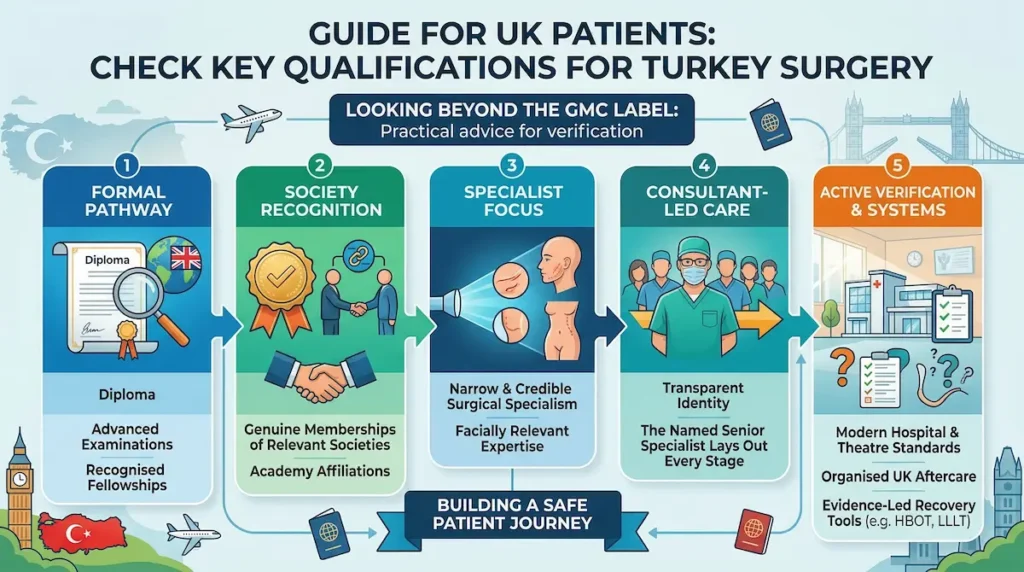 Infographic for UK patients showing how to assess a specialist plastic surgeon Turkey through qualifications, consultant-led care, society recognition, and hospital theatre standards before booking surgery.