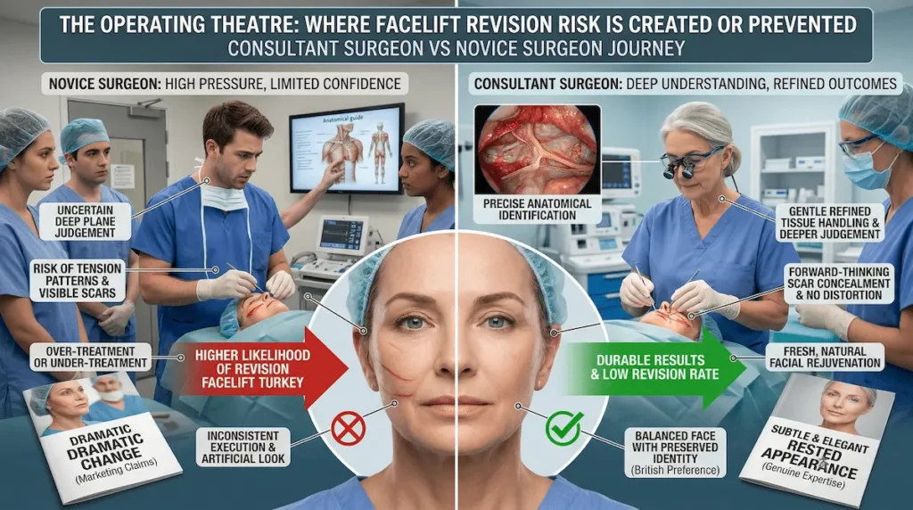 Facelift revision rate infographic showing consultant and novice facelift surgeons in the operating theatre, comparing judgement, tissue handling and long-term results.