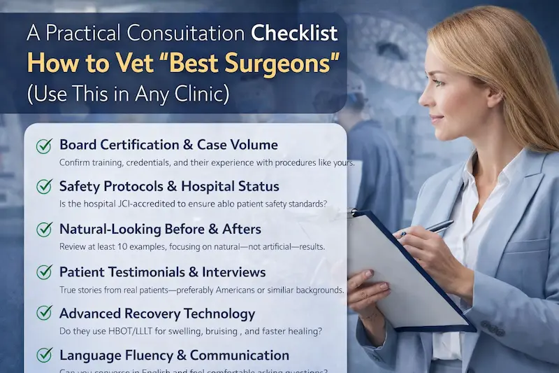 Practical consultation checklist infographic showing how to vet best surgeons, including board certification, safety protocols, before-and-after review, patient testimonials, recovery technology, and communication