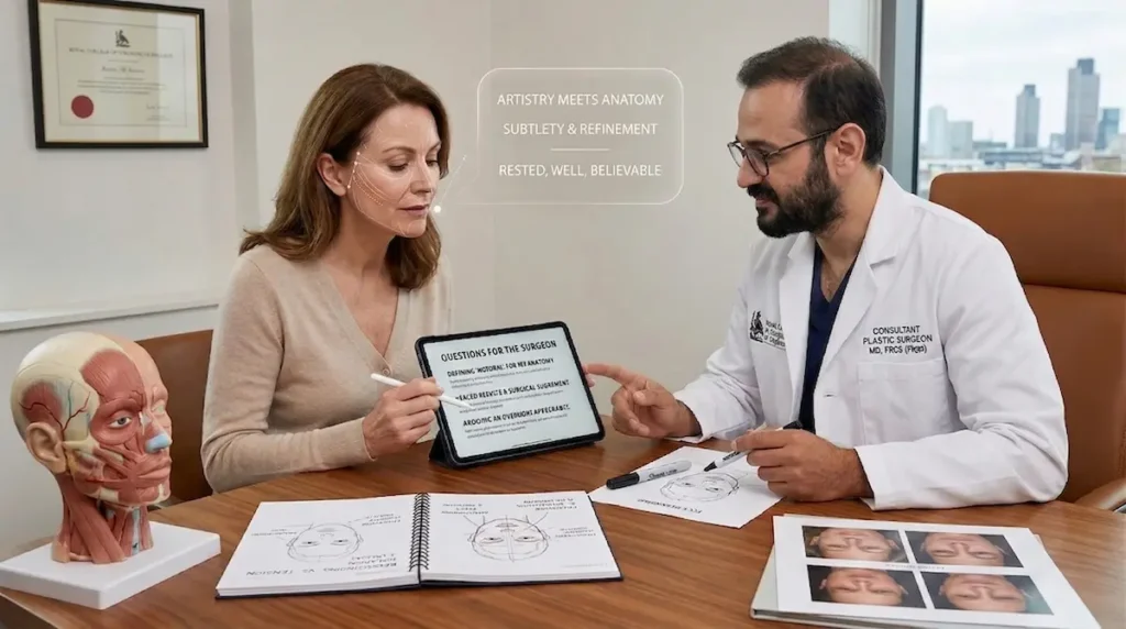 Questions to ask plastic surgeon during a facial aesthetics consultation about natural results, subtle planning, and realistic expectations.