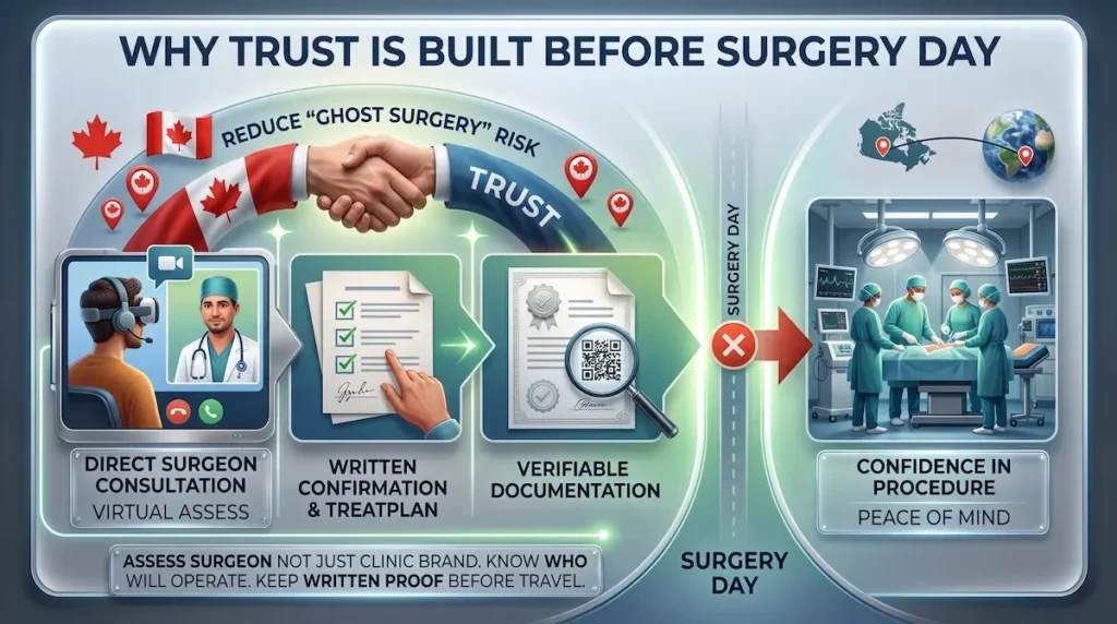 Canadian patient reviewing surgeon verification documents and consultation records to reduce ghost surgery in Turkey risk before travelling for surgery.