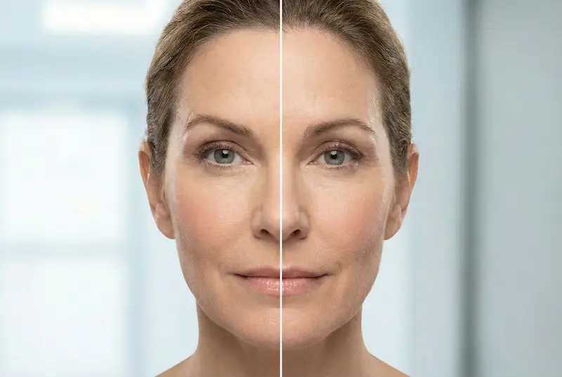 Creating the foxy look vs natural rejuvenation comparison image showing a subtle before-and-after style facial balance effect focused on the upper face and brow area.
