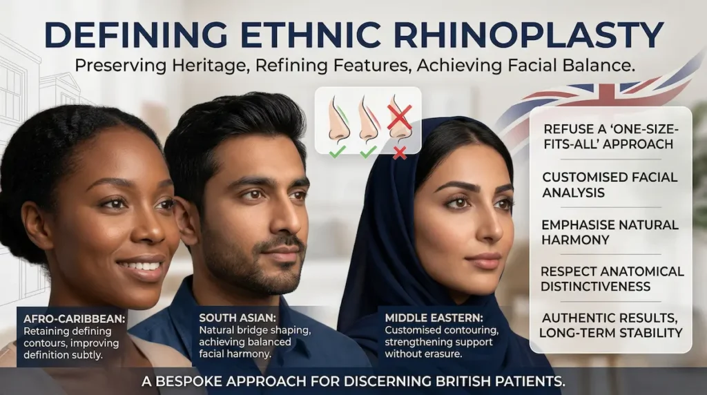 Ethnic rhinoplasty Turkey infographic showing Afro Caribbean, South Asian, and Middle Eastern patients in a customised, heritage respecting approach.