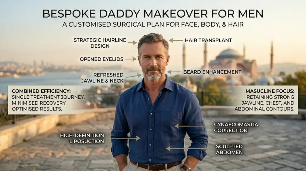 Infographic for daddy makeover turkey showing a bespoke male surgery plan in Istanbul, including hair transplant, gynaecomastia correction, jawline rejuvenation, and high-definition liposuction.