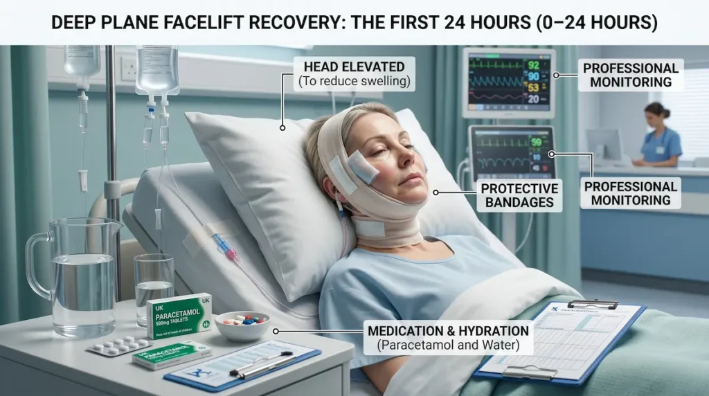 Deep plane facelift recovery day by day photos showing the first 24 hours after surgery, with head elevation, protective bandages, professional monitoring, hydration and paracetamol.
