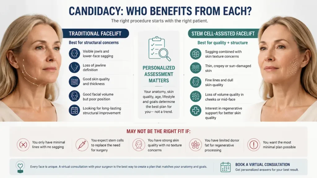 Infographic explaining stem cell facelift vs traditional facelift candidacy for Canadian patients with sagging and skin quality concerns.