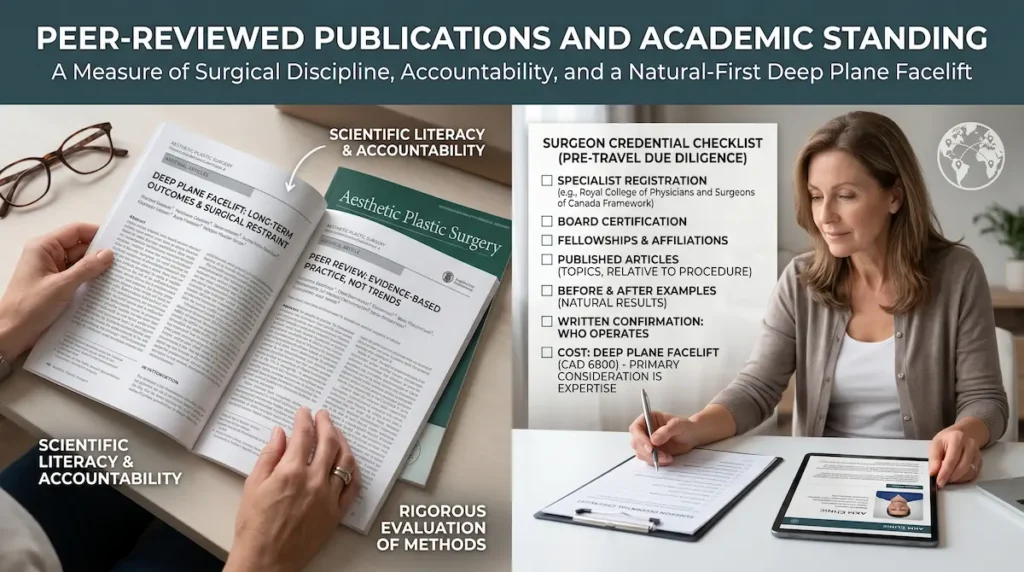 Canadian patient reviewing academic publications when choosing the best deep plane facelift surgeon in Turkey.