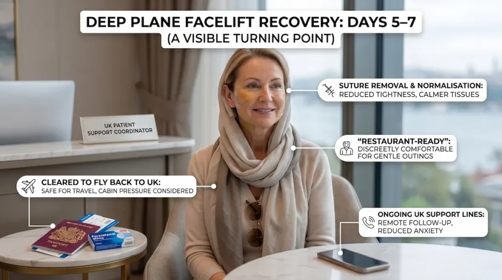 Deep plane facelift recovery day by day photos showing Days 5 to 7, with suture removal, calmer tissues, safe return travel to the UK and ongoing aftercare support.