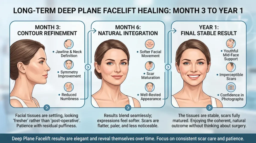 Deep plane facelift recovery day by day photos infographic showing Month 3, Month 6 and Year 1 healing milestones.