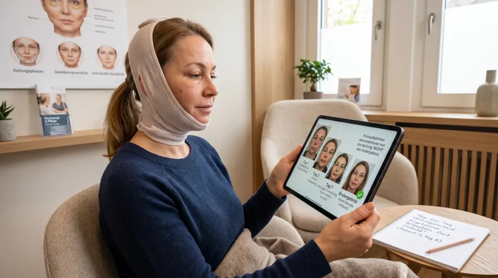 Deep Plane Facelift Heilung Tag für Tag: Patientin mit Gesichtsbandage betrachtet auf einem Tablet Fotos ihres Heilungsjournals.