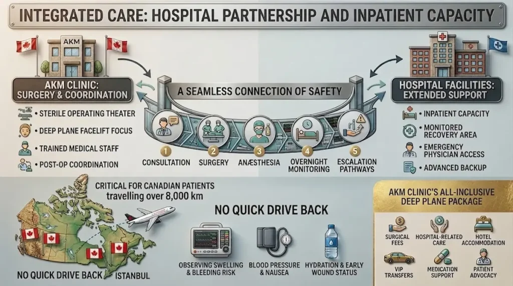 Best deep plane facelift clinic in Turkey infographic showing hospital partnership, inpatient monitoring, and Canadian patient travel support.