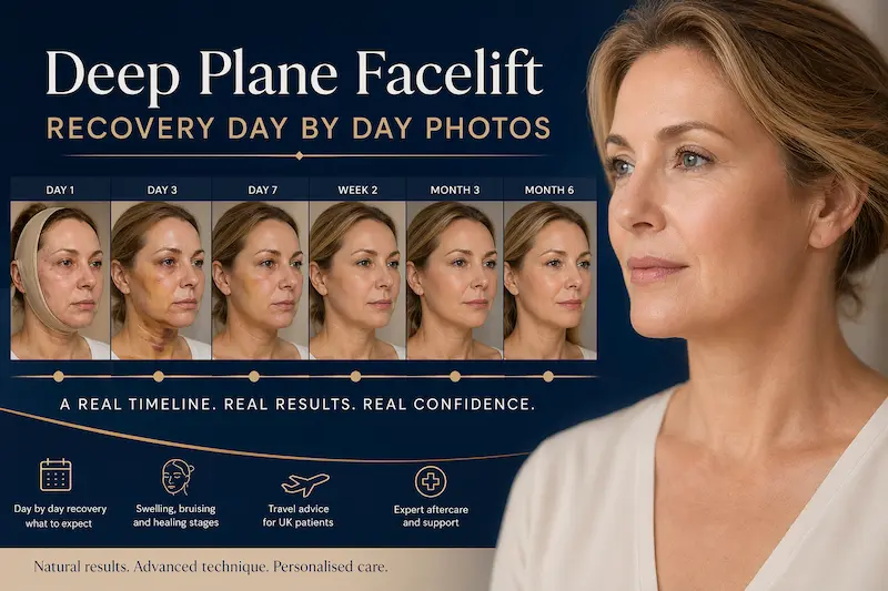 Deep plane facelift recovery day by day photos showing Day 1, Day 3, Day 7, Week 2, Month 3 and Month 6 healing stages.